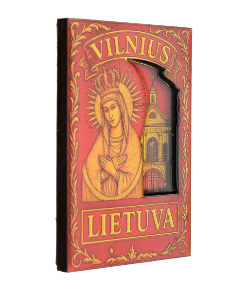 Raudonas magnetas su Vilniaus Aušros vartų Švč Mergele Marija